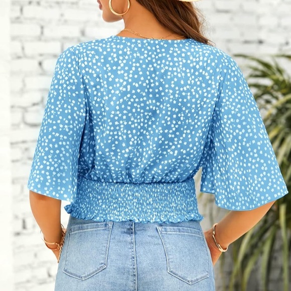 Sky Blue Patterned Surplice Smocked Waist Boho Top - Picture 2 of 5